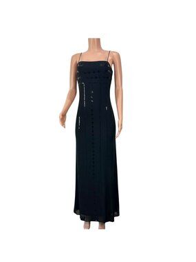 RIMINI By Shaw Vintage Black Sequined Spaghetti Strap Maxi Dress 6 Purple Lined